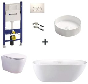 Set cada freestanding, lavoar cu ventil, vas wc rimless suspendat cu capac soft close, rezervor incastrat si clapeta