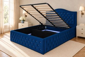 Pat tapițat Chesterfield din catifea Solaria Deluxe Cristal 160×200 cm, bleumarin, cu ladă de depozitare