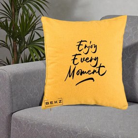 Perna Decorativa Enjoy Every Moment, 40x40 cm, Galben, Husa Detasabila, Perna Inclusa, BEKZ®