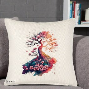 Perna Decorativa Copac Sakura Acuarela Fantasy, 40x40 cm, Crem Reliefat, Husa Detasabila, Perna Inclusa, BEKZ®