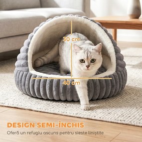 PawHut Culcuș pentru Pisici de până la 5 kg, Rotund Semiînchis, din Pluș cu Efect de Iepuraș, cu Pernă Lavabilă, Gri | Aosom Romania