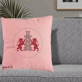 Perna Personalizata Cetatea Turnu Magurele Heraldic, 40x40 cm, Roz, Husa Detasabila, Perna Inclusa, BEKZ®