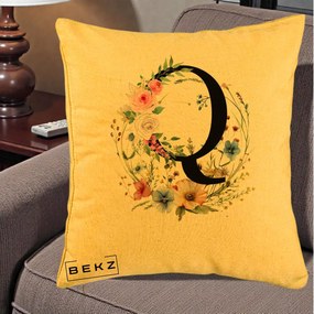 Cadou Personalizat - Perna Personalizata Monogram Litera Q cu Flori Acuarela, 40x40 cm, Galben, Husa Detasabila, Perna Inclusa, BEKZ®