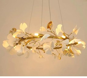 Lustra Suspendata, Metal Auriu, Petale Flori Albe Ceramice, FLORA 80