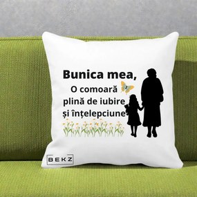 Cadou pentru Bunica - Perna Personalizata Bunica Mea Comoara Iubire Intelepciune Varianta Extinsa, 40x40 cm, Alba Mata, Husa Detasabila, Perna Inclusa, BEKZ®