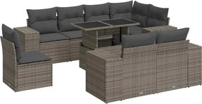 vidaXL Set canapele de grădină, 9 piese, cu perne, gri, poliratan