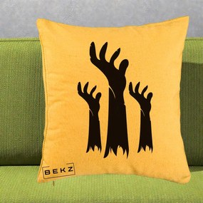 Perna Decorativa Halloween Maini Zombie Alb-Negru, 40x40 cm, Galben, Husa Detasabila, Perna Inclusa, BEKZ®