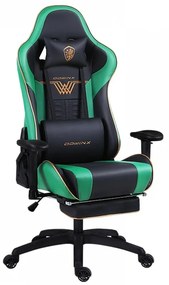 DOWINX Scaun gaming, ergonomic, pernă lombară cu masaj, suport pentru picioare, piele PU matlasata, respirabila, cotiere 4D, rezistent 150 kg, Negru/Verde