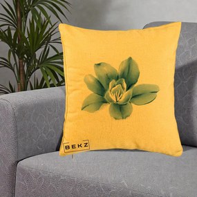Perna Decorativa Magnolie Albastra Acuarela, 40x40 cm, Galben, Husa Detasabila, Perna Inclusa, BEKZ®