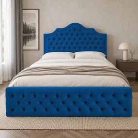 Pat tapițat din catifea Imperio cu nasturi 140×200 cm, albastru, cu ladă de depozitare