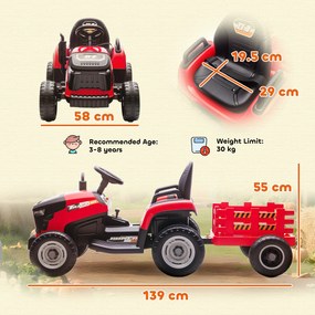AIYAPLAY 2 în 1 Tractor Electric pentru Copii 3-8 Ani cu Remorcă Detașabilă, Telecomandă, Muzică, Lumini, Roșu | Aosom Romania