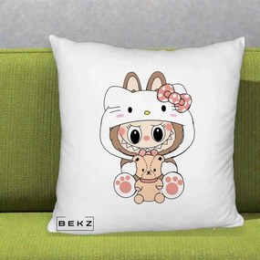 Perna Personalizata Labubu x Hello Kitty, 40x40 cm, Alb Pufos, Husa Detasabila, Perna Inclusa, BEKZ®