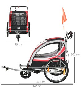 HOMCOM Remorca Bicicleta 2 in 1 pentru Copii cu Centura 5 Puncte si Accesorii Siguranta, Rosu | Aosom Romania