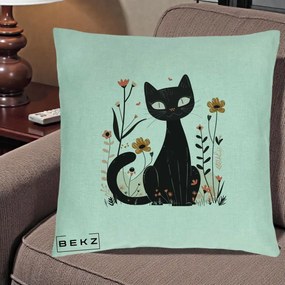 Perna Decorativa Pisica Neagra Flori Pastel Folk, 40x40 cm, Verde Menta, Husa Detasabila, Perna Inclusa, BEKZ®