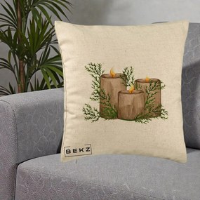 Perna Decorativa Lumanari Rustice cu Crengute Brad, 40x40 cm, Bej, Husa Detasabila, Perna Inclusa, BEKZ®
