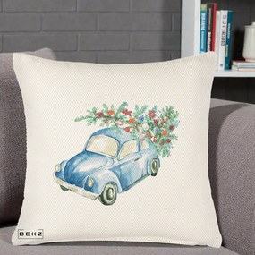 Perna Decorativa Masinuta Albastra cu Brad de Craciun, 40x40 cm, Crem Reliefat, Husa Detasabila, Perna Inclusa, BEKZ®