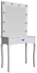 Masă de toaletă Constance, Masă pentru machiaj cu oglindă iluminată LED, 1 sertar, Alb