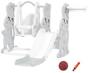 AIYAPLAY Set de jocuri 4 în 1 pentru copii, Tobogan, Leagăn, Structură de escaladă, Coș de baschet, Plastic, Design cu iepurași, Gri | Aosom Romania