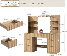 Masuta machiaj 120 cm, Alba sau Maro cu Oglinda LED si 7 Sertare pentru Cosmetice, Set Masa toaleta cu 2 Prize, USB si USB-C, masuta cosmetica,