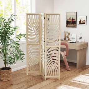 HOMCOM Paravan cu 3 Panouri, Separator Pliabil cu Design Frunze pentru Interior, Finisaj Natural | Aosom Romania