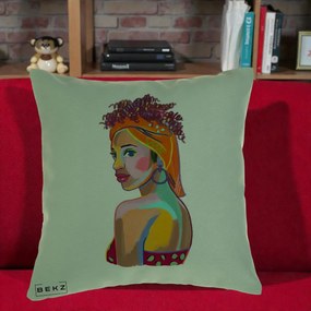 Perna Decorativa Portret Femeie Colorat Pop Art, 40x40 cm, Verde, Husa Detasabila, Perna Inclusa, BEKZ®