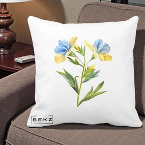Perna Decorativa Botanica Frezie Galbena si Albastra, 40x40 cm, Alba Mata, Husa Detasabila, Perna Inclusa, BEKZ®