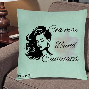 Cadou pentru Cumnata - Perna Personalizata Cea mai Buna Cumnata cu Silueta Dama si Pete Roz, 40x40 cm, Verde Menta, Husa Detasabila, Perna Inclusa, BEKZ®