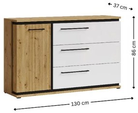 Comoda ML12, cu usa si 3 sertare, corp artisan, fronturi MDF artisan + alb, 130x37x86 cm