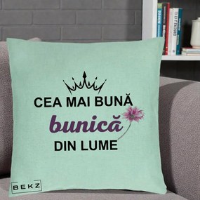 Cadou pentru Bunica - Perna Personalizata Cea Mai Buna Bunica Din Lume Coroana Mov Floare Roz, 40x40 cm, Verde Menta, Husa Detasabila, Perna Inclusa, BEKZ®