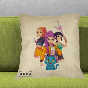 Perna Personalizata K-pop HUNTRX Trio cu Pisica si Cristale, 40x40 cm, Crem, Husa Detasabila, Perna Inclusa, BEKZ®