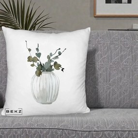 Perna Decorativa Vaza cu Eucalipt Watercolor, 40x40 cm, Alb Pufos, Husa Detasabila, Perna Inclusa, BEKZ®