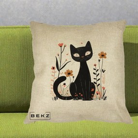 Perna Decorativa Pisica Neagra Flori Pastel Folk, 40x40 cm, Crem, Husa Detasabila, Perna Inclusa, BEKZ®