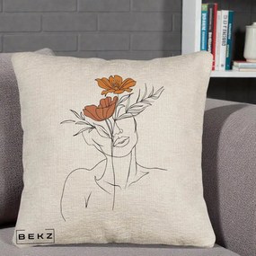 Perna Decorativa Portret Feminin Doua Flori, 40x40 cm, Bej Canapea, Husa Detasabila, Perna Inclusa, BEKZ®