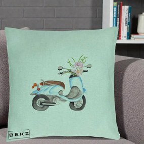 Perna Decorativa Scuter Albastru cu Flori Acuarela, 40x40 cm, Verde Menta, Husa Detasabila, Perna Inclusa, BEKZ®