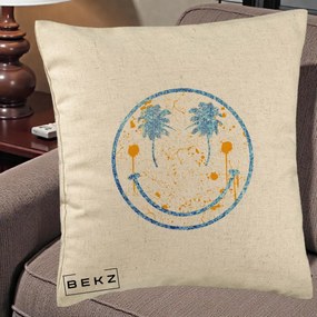 Perna Decorativa Smiley Face Tropical Albastru Glitter si Portocaliu, 40x40 cm, Bej, Husa Detasabila, Perna Inclusa, BEKZ®