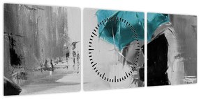 Tablou - Cuplu în dragoste cu umbrelă, albastru (cu ceas) (90x30 cm)