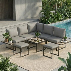 Outsunny Set mobilier grădină exterior 6 persoane modulabil masă de cafea și blaturi laterale din lemn PSPC perne groase 10cm gri | Aosom Romania