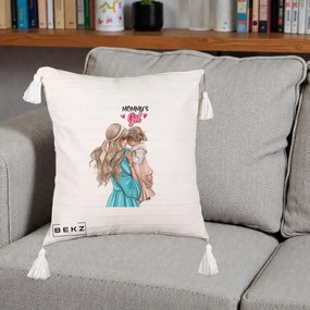 Cadou pentru Mama - Perna Personalizata Mommy's Girl Mama si Fetita, 40x40 cm, Bej cu Franjuri, Husa Detasabila, Perna Inclusa, BEKZ®
