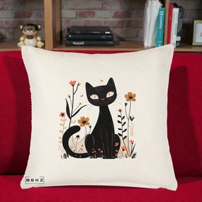 Perna Decorativa Pisica Neagra Flori Pastel Folk, 40x40 cm, Crem Reliefat, Husa Detasabila, Perna Inclusa, BEKZ®