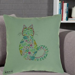 Perna Decorativa Pisica Florala Acuarela, 40x40 cm, Verde, Husa Detasabila, Perna Inclusa, BEKZ®