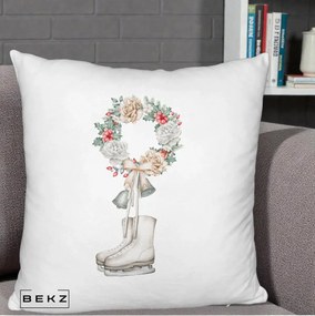 Perna Decorativa Patine cu Coroana Florala de Craciun, 40x40 cm, Alb Pufos, Husa Detasabila, Perna Inclusa, BEKZ®