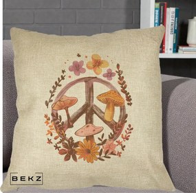 Perna Decorativa Peace Sign Ciuperci Floral, 40x40 cm, Crem, Husa Detasabila, Perna Inclusa, BEKZ®