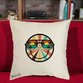 Perna Decorativa Smiley Face Retro Sunset Palmieri, 40x40 cm, Ecru, Husa Detasabila, Perna Inclusa, BEKZ®