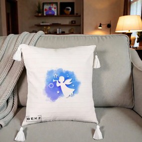 Perna Decorativa Inger cu Trompeta Albastru, 40x40 cm, Bej cu Franjuri, Husa Detasabila, Perna Inclusa, BEKZ®