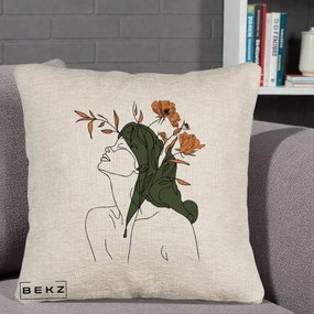 Perna Decorativa Portret Feminin Profil Flori Portocalii, 40x40 cm, Bej Canapea, Husa Detasabila, Perna Inclusa, BEKZ®