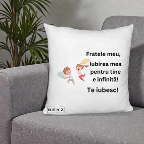 Cadou pentru Frate - Perna Personalizata Fratele Meu Te Iubesc Copii Batalie Perne, 40x40 cm, Alb Pufos, Husa Detasabila, Perna Inclusa, BEKZ®