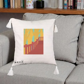 Perna Decorativa Scari Toamna Peisaj Grafic, 40x40 cm, Bej cu Franjuri, Husa Detasabila, Perna Inclusa, BEKZ®
