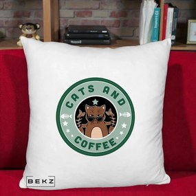 Perna Personalizata Cats and Coffee Starbucks, 40x40 cm, Alb Pufos, Husa Detasabila, Perna Inclusa, BEKZ®