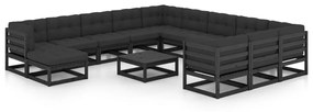3077113 vidaXL Set mobilier grădină perne, 13 piese, negru, lemn masiv pin