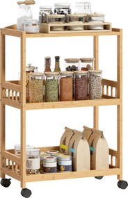 HOMCOM Cărucior de bucătărie cu 3 nivele, căruț de servire cu spațiu de depozitare, raft de bucătărie pe roți, pentru bucătărie baie birou lemn natural | Aosom Romania